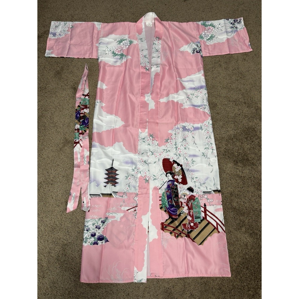 Vintage Juguemm Japanese Kimono Robe Size 56 Medium-Large Pink Floral Sakura 80s
